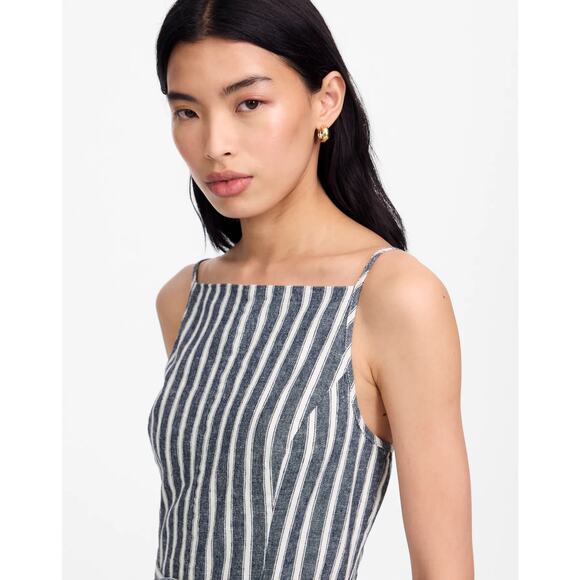 Madewell Pleated Wide-Leg Pinstripe Linen Jumpsuit Navy White Size 4 - Picture 2 of 8